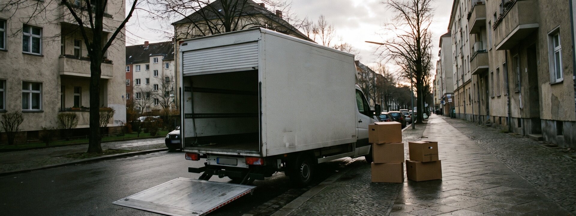 Transporter mit ausgefahrener Rampe und Kartons am Straßenrand