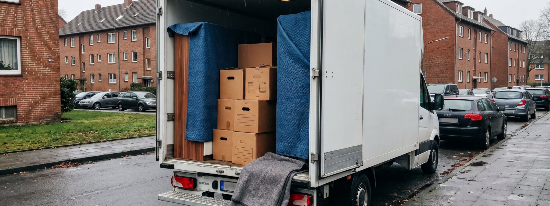 Offener Kastenwagen mit Umzugskartons und Decken am Straßenrand