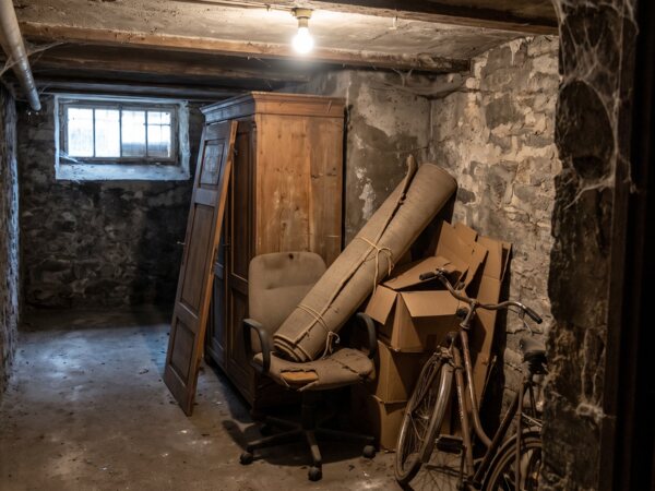 Alter Schrank, Bürostuhl und Gerümpel in einem Kellergang
