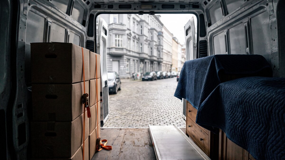 Blick aus dem beladenen Transporter auf eine Kopfsteinpflasterstraße