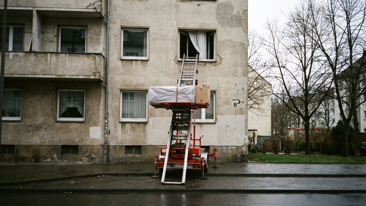 Möbellift bringt eine Matratze zum Fenster im dritten Stock