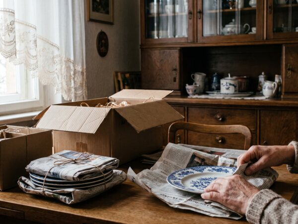 Porzellanteller wird am Esstisch in Zeitungspapier eingewickelt