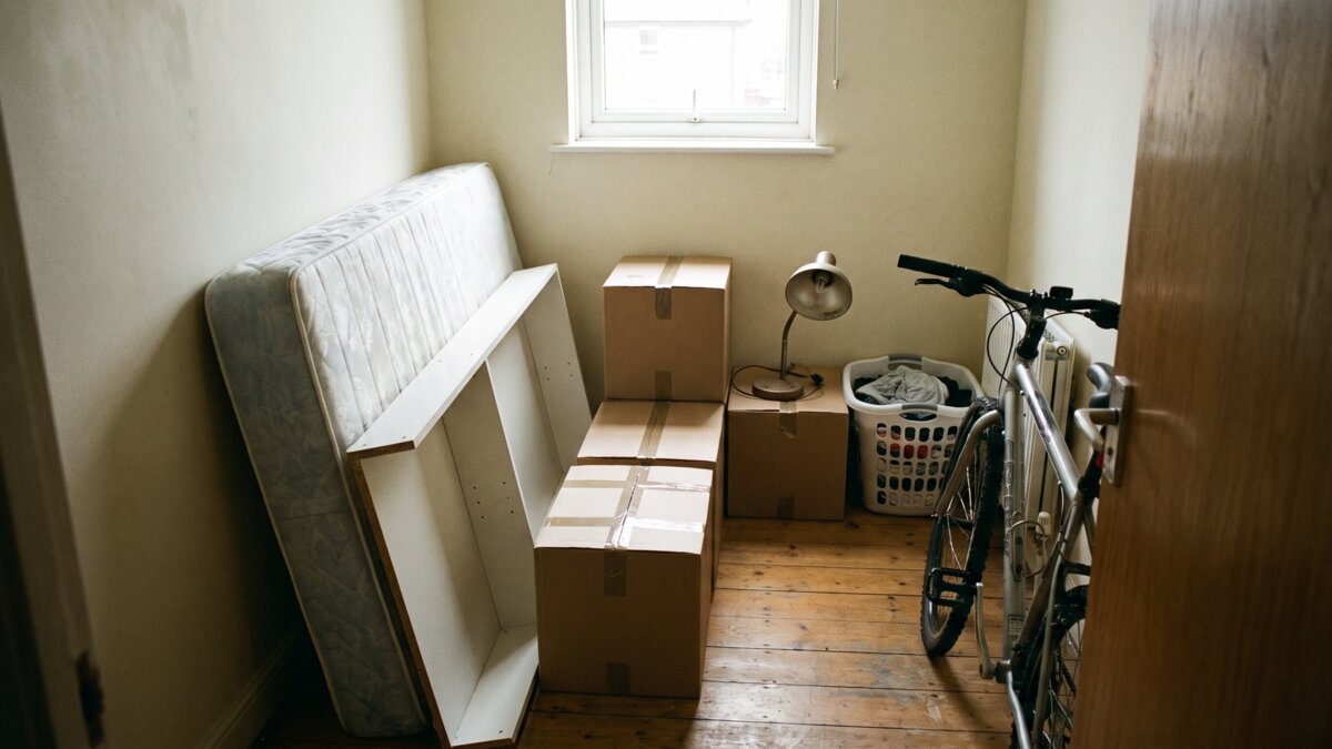 Kleines Zimmer mit Matratze, Kartons und Fahrrad beim Auszug