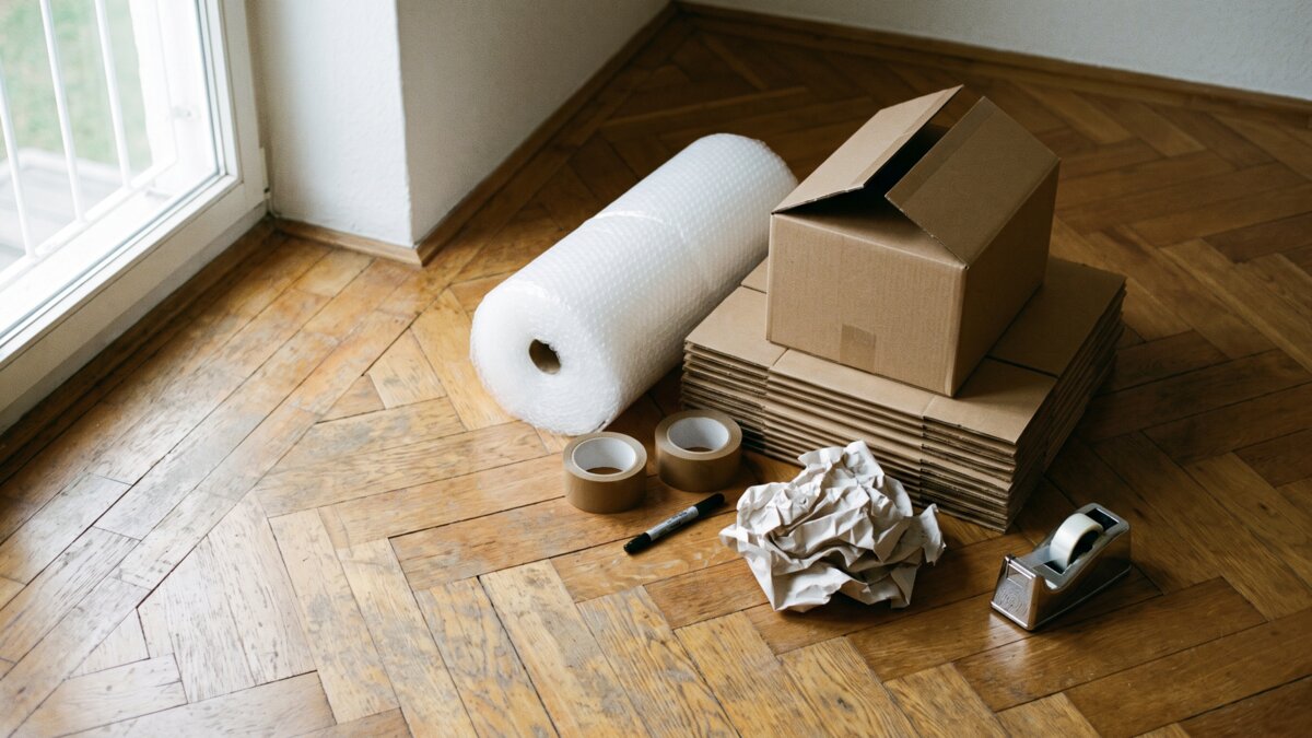 Kartons, Luftpolsterfolie, Klebeband und Marker auf Parkett