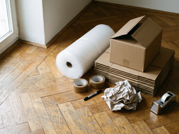 Kartons, Luftpolsterfolie, Klebeband und Marker auf Parkett